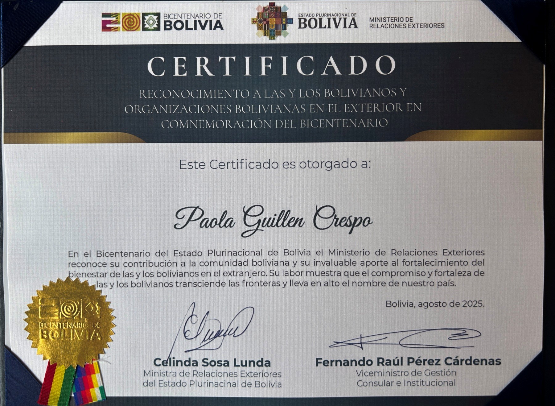 Certificado — Reconocimiento Bicentenario de Bolivia, agosto 2025